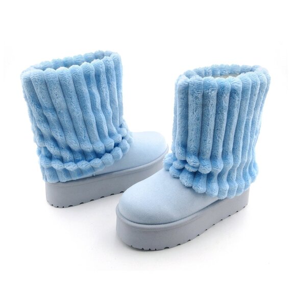 Women Winter BABY BLUE Fuzzy Faux Fur Lined Calf High Boots 2 inch Sole - Picture 3 of 3